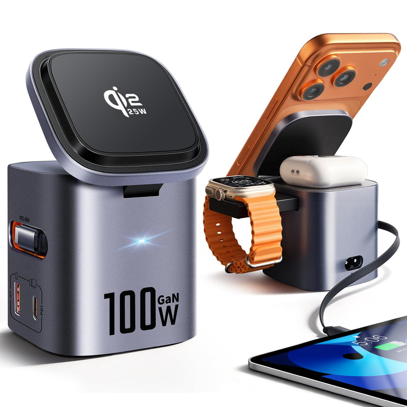 6-in-1 100W GaN Charging Station & 25W Qi2 Magnetic Stand for Apple/Samsung | With retractable USB-C cable. 25W magnetic Magsafe charge for iPhone 12-17 Pro Max/Air, Apple Watch, AirPods & Galaxy Watch Grey