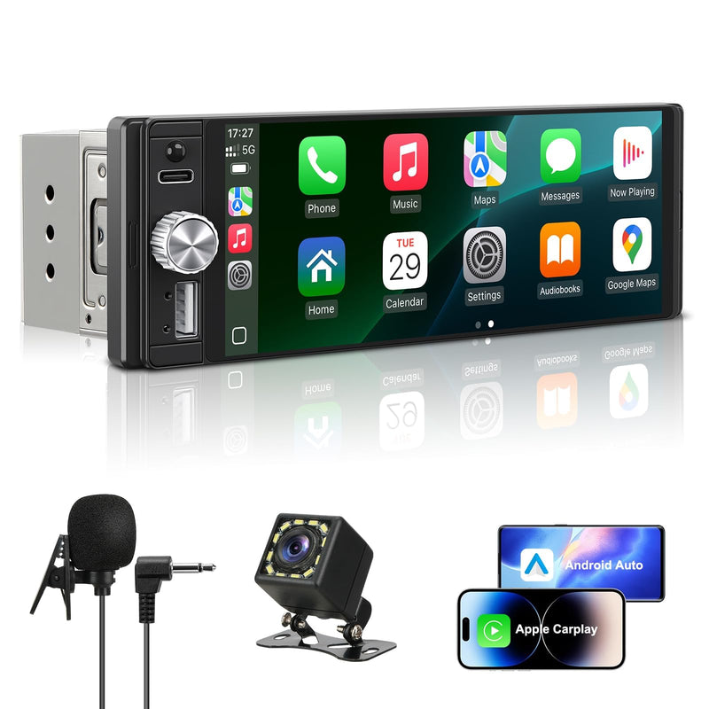 Single Din Radio Car Stereo with Apple CarPlay & Android Auto, 6.28 Inch HD Touch CarPlay Screen, Backup Cam,Bluetooth, MP5,USB Type-C, SWC, EQ, FM Radio (with External Mic)