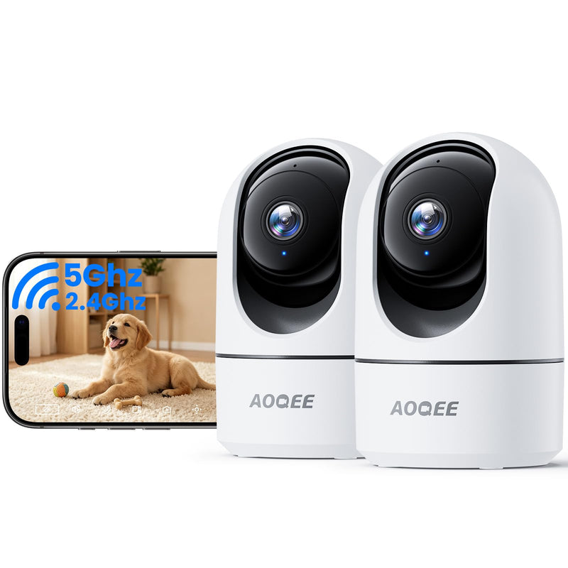AOQEE 5G Cameras for Home Security Indoor, Pet Monitor w/Phone APP G5 2Pcs | Dual-Band Wi-Fi Indoor Camera with 24/7 TF Card Storage, 360 PTZ Auto-Tracking Pet/Dog/Cat/Puppy/Nanny, Motion Alert, Plug-in White-2Pack
