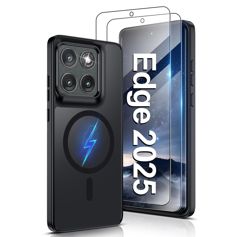Pilaru Magnetic for Motorola Edge 2025 Case with Screen Protector (Built-in Magnets) (Military Grade Drop Protection) Slim Translucent Matte Shockproof Anti-Fingerprint funda para Moto edge 2025 Black Matte Black