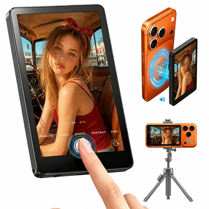 Wireless Selfie Monitor Screen for iPhone Magnetic Back Camera – Real-Time 4K Live Preview for Livestreaming Product Demos Online Teaching Solo Vlogging – Portable HD Ultra-Clear Sharp Pro+ Black