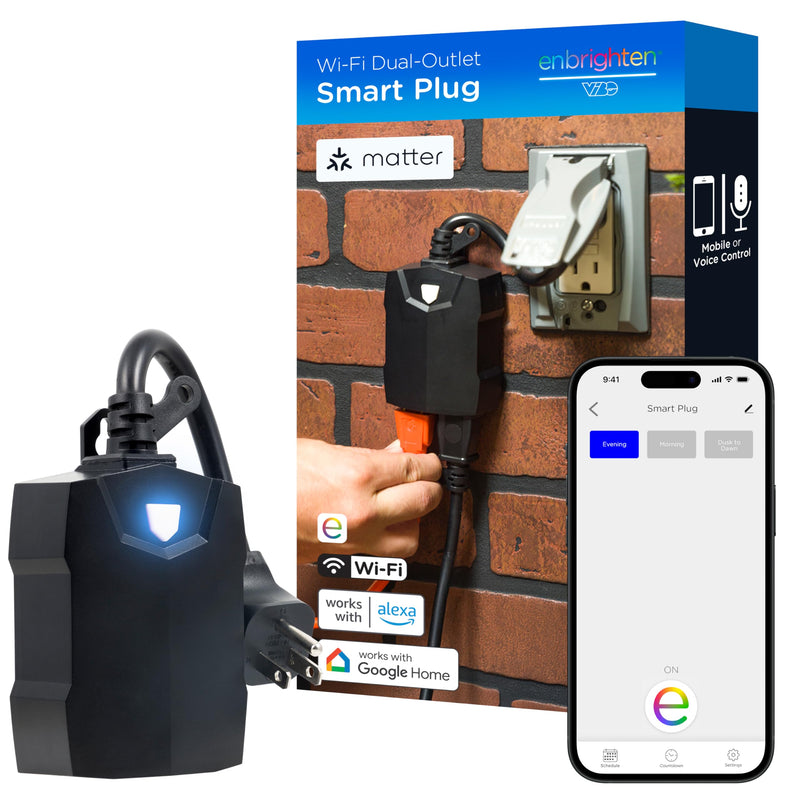 Enbrighten Vibe Outdoor Dual‑Outlet Wi‑Fi Matter Smart Plug, 2.4GHz, No Hub Required, Compatible with Alexa, Google Assistant and Apple HomeKit, Dual Grounded Plug‑in Outlets, 81912-TS1 Outdoor Dual-Outlet