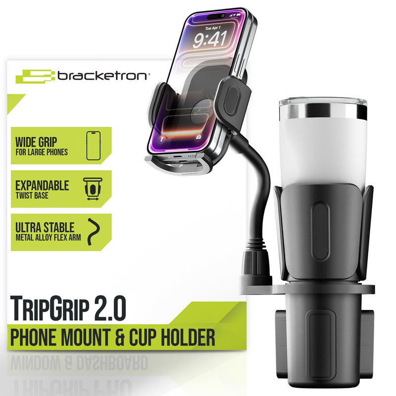 Bracketron TripGrip 2.0 Cup Holder Phone Mount, Metal Gooseneck | TripGrip 2.0 2-in-1 cup holder phone holder with metal arm, one-click release, and expandable base for trucks
