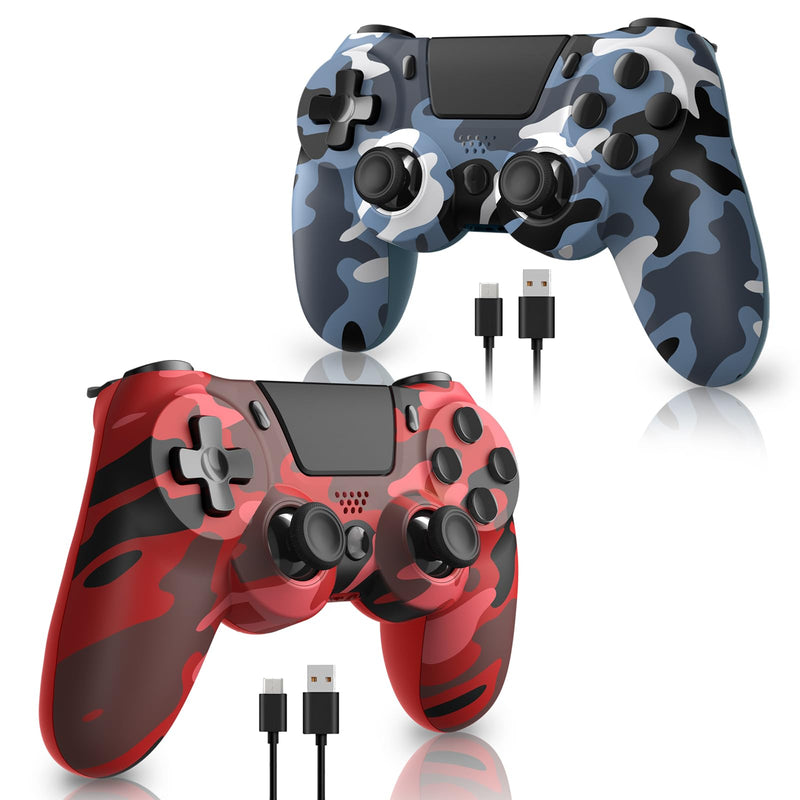 hosowe 2-Pack Wireless Controllers for PS4, Game Controllers Compatible with PS4/Pro/Slim/PC, Dual Vibration, 6-Axis Gyro Sensor, Touch Panel, Built-in Speaker & Headphone Jack, Camouflage Red & Blue Camo Red& Blue