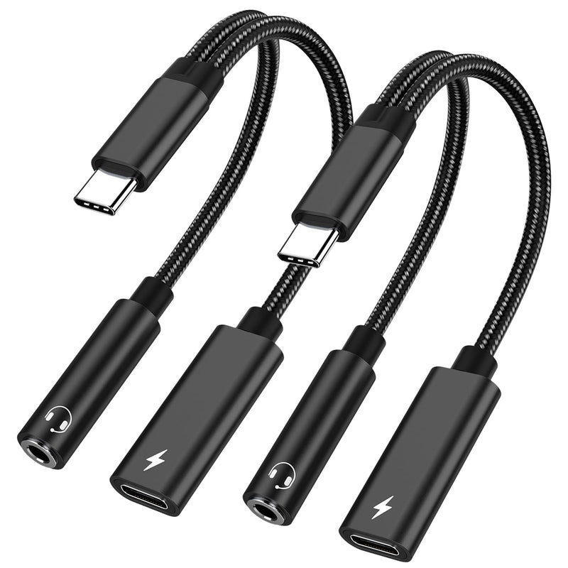 2 Pack USB C to 3.5mm Headphone and Charger Adapter, 2 in 1 Hi-Res 32bit/384kHz Aux to USB C with Safe PD 60W Fast Charging Dongle Cable for iPhone 17/16, Galaxy S26/S25, Google Pixel 10/9, and more Black-2 Pack