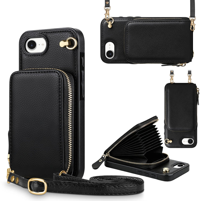 JAKPAK Wallet Case for iPhone 17e 16e with Card Holder & Crossbody Strap | Shockproof Leather Protective Phone Cover with Lanyard, Zipper Purse Case Women Men for iPhone 16e 17e 6.1 inch, Black iPhone 17e/16e 6.1”