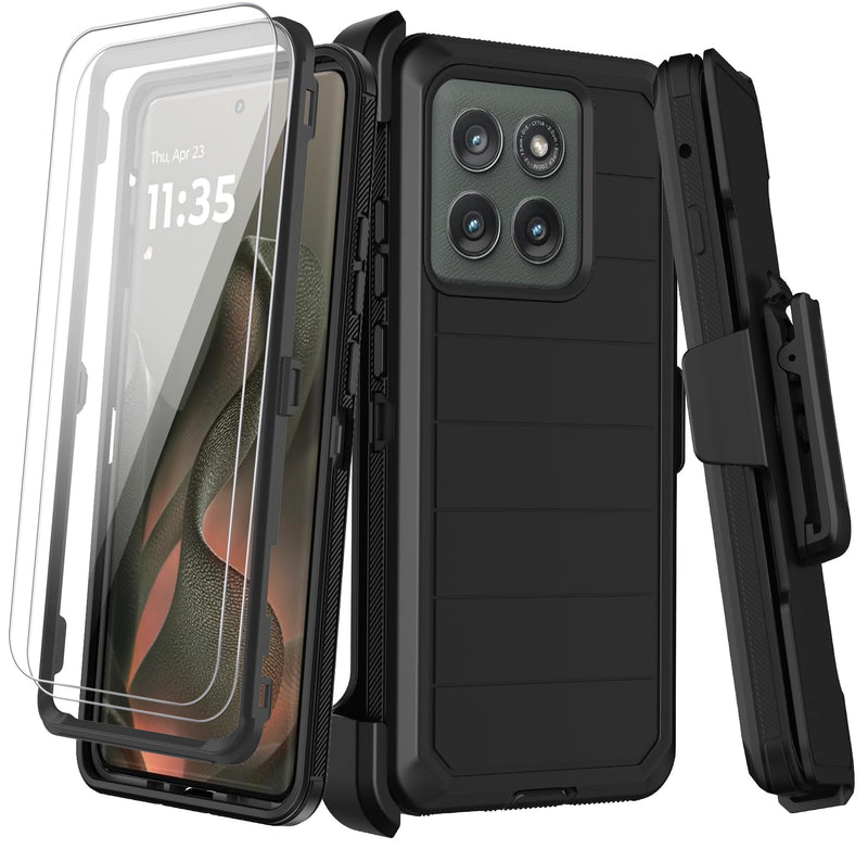 KECAI for Motorola Moto Edge 5G 2025 Case with Belt Clip Holster,2X Screen Protector,Heavy Duty Shockproof Drop Protection Military Grade Full Body Rugged Phone Cover with Kickstand (Black) Black for Motorola Edge 5g 2025