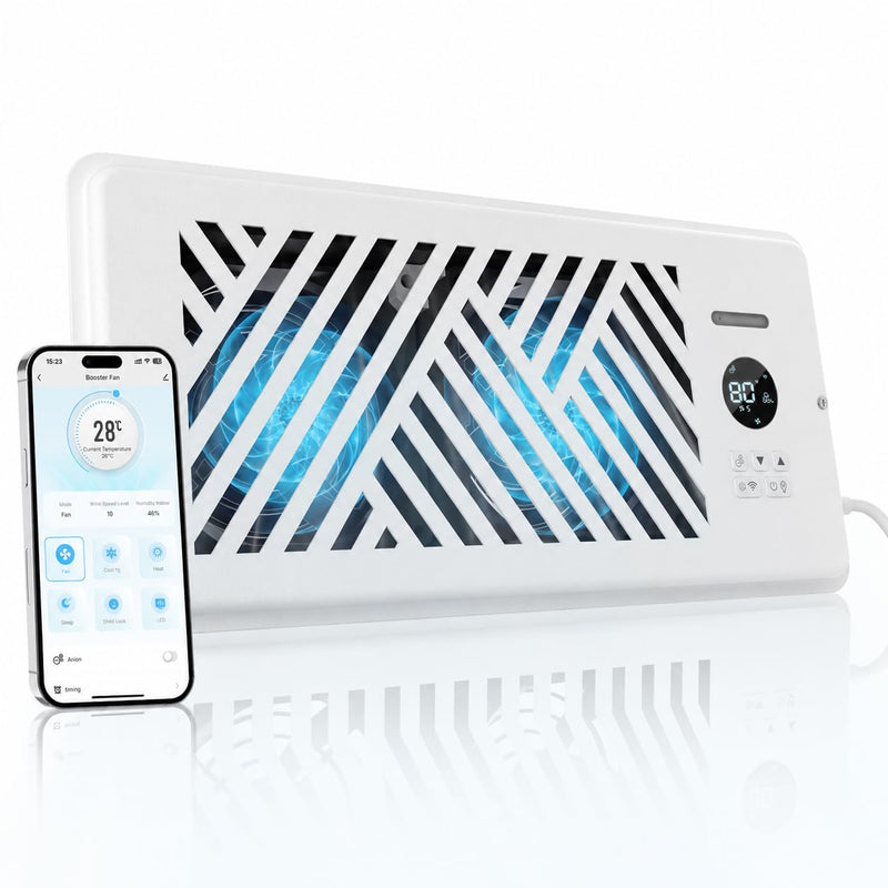 Smart AC Vent Booster Fan 4" x 10" Register with APP Control, Whisper-Quiet 120 CFM Airflow, Built-in Negative Ions, 10-Speed HVAC Vent Fan with Child & Pet Lock