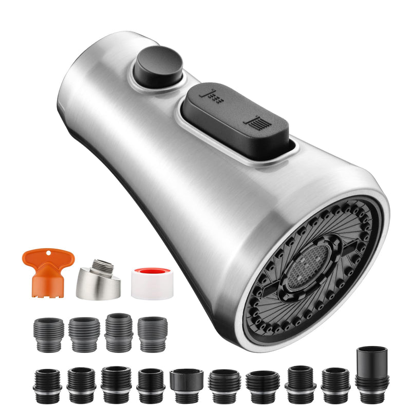 Kitchen Faucet Head Replacement, Pull Down Faucets Spray Head for Kitchen Sink, 3-Function Spray Nozzle, 15 Adapters Kit Compatible with American Standard, Brushed Nickel