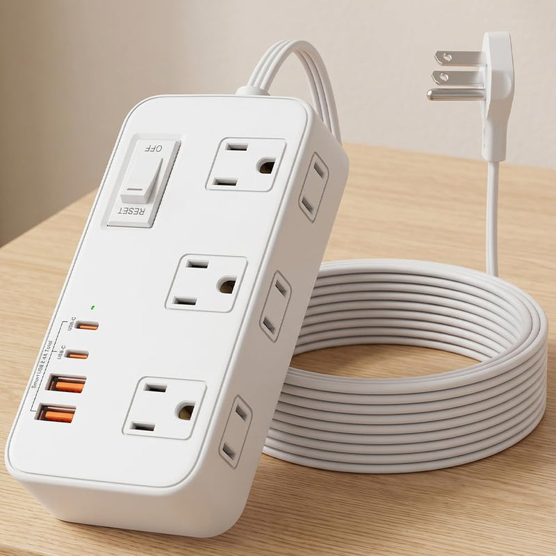 Power Strip with Surge Protector, Outlet Extender,6 AC, 2 USB A,2 USB C Port for 17W Power Strip Charger 5ft Power Cord 1875W 100-250V for Home, Office, Dorm Essential,White