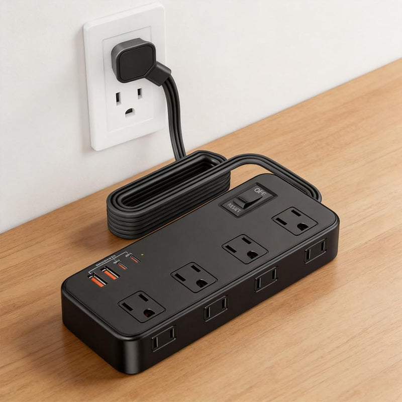 Power Strip with Surge Protector, Outlet Extender,8 AC, 2 USB A,2 USB C Port for 17W Power Strip Charger 5ft Power Cord 1875W 100-250V for Home, Office, Dorm Essential,Black
