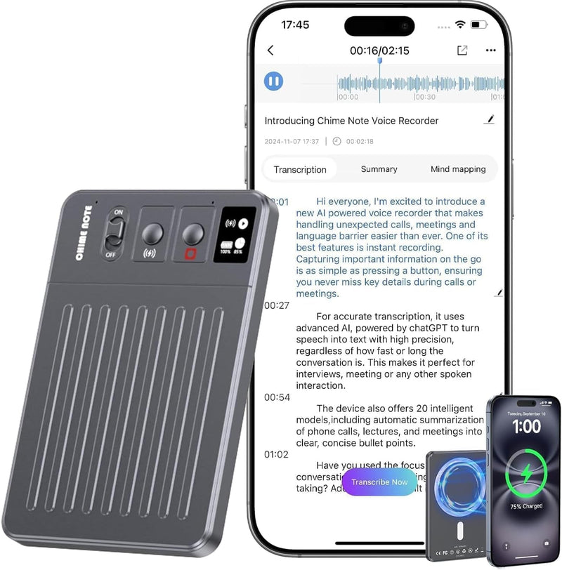 Chime Note AI Voice Recorder - 64GB with Free Transcribe & AI Summary by ChatGPT, APP & Web Control, 121 Languages, Wireless Charging, for Meetings/Calls Gray(The APP is Temporarily Unavailable)