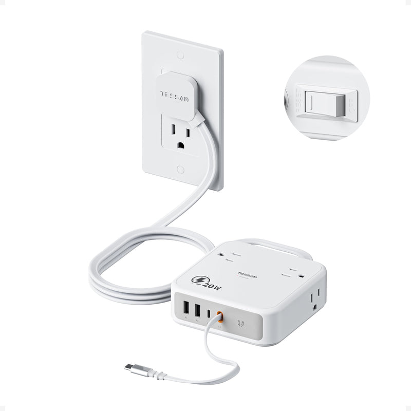 TESSAN Surge Protector Extension Cord 5Ft, Flat Plug Power Strip | 4 Outlets 4 USB Ports(1 USB C) 20W USB C Cable, USB Charger 1050 Joules Protection, Suitable for Home Office Dorm, Grey Gray 5FT-1050J Surge Protector