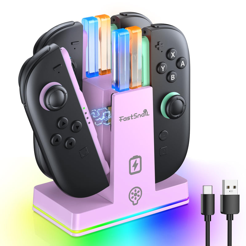 FASTSNAIL Switch 2 Controller Charger Dock for Nintendo Switch 2 for JoyCon | 4-in-1 Fast Switch 2 Joypad Charging Dock Station, 9 RGB Light, Dual-Direction Magnetic Stand for Joycon 2 Accessorie, Purple 7.9 inch Light Purple