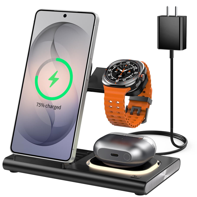 Wireless Charger for Samsung Charging Station, Foldable & Nightlight | 3 in 1 Charging Station for Samsung S26-S10/Note/Z Fold Flip8,Travel Charger for Galaxy Watch 8-1/Buds,Not for Watch 9/Ultra2 black
