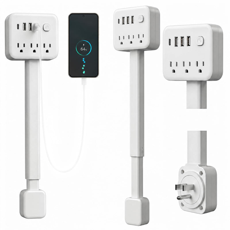 GIRAVO Extendable Outlet, Wall Plug Extension for Behind Couch, Sofa | 17.5-25.6in, 180 Degree Rotating Plug, 3 AC Outlets, 2 USB-A + 1 USB-C