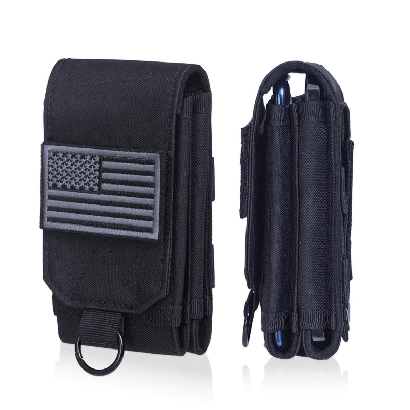 Molle Phone Pouch Tactical Phone Holster, Dual Cell Phone Holder Utility EDC Pouch for Duty Belt & Vest,Molle Accessories Gear with US Flag Patch (Fits 4"–6.9" Phones) (Black) Black
