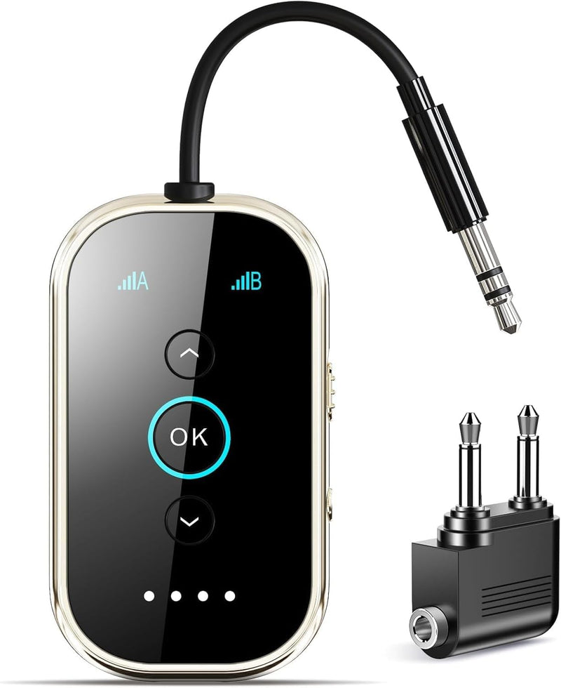 Bluetooth 5.4 Transmitter Receiver – Airplane/TV/Gym Wireless Audio Adapter | CNC metal & glass with Qualcomm aptX LL/HD, pairs with 2 AirPods/headphones for low-latency shared audio Silver Black