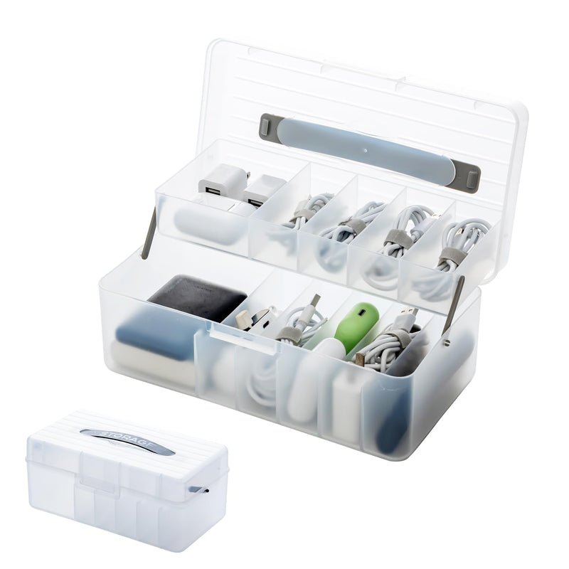 Vidifor 2-Layer Cable Organizer Box with 20 Cable Ties, Portable Cord, Charger and Bandages Storage for Drawer, Desk, Office & Home (White) White