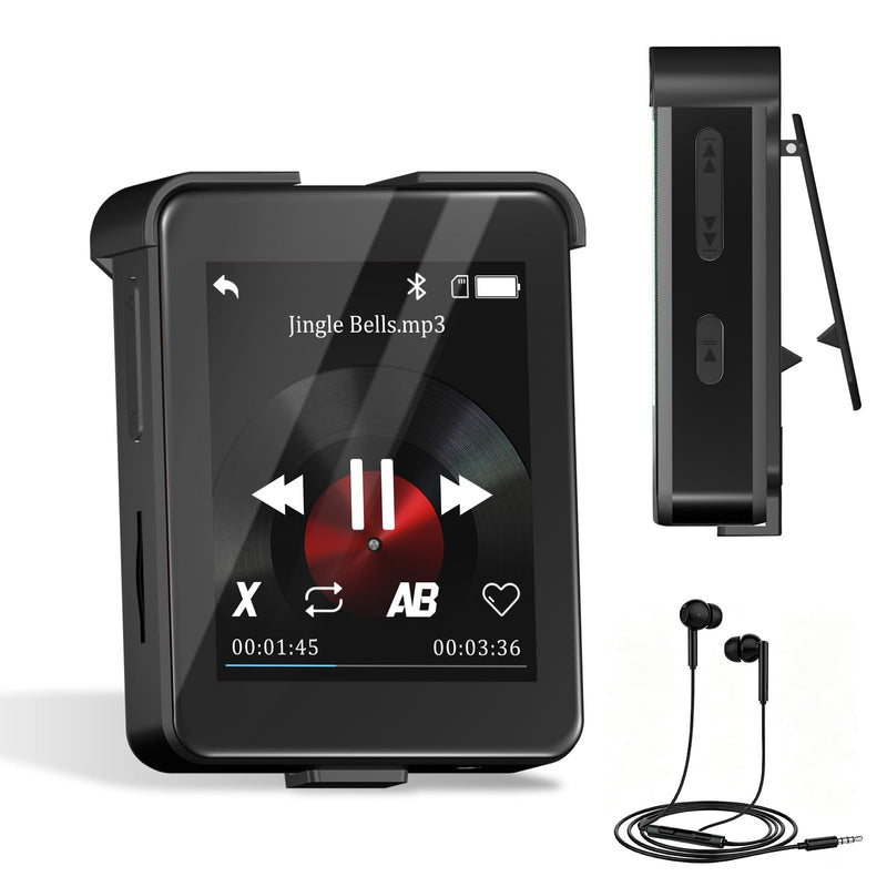 Bluetooth 5.3 Mini MP3 Player, 1.8" Touchscreen Portable Tiny Music Player with Speaker, FM Radio, Voice Recorder, Pedometer, Detachable Sports Clip with Earphones, 8GB Expandable up to 128GB, Black 8.0 GB