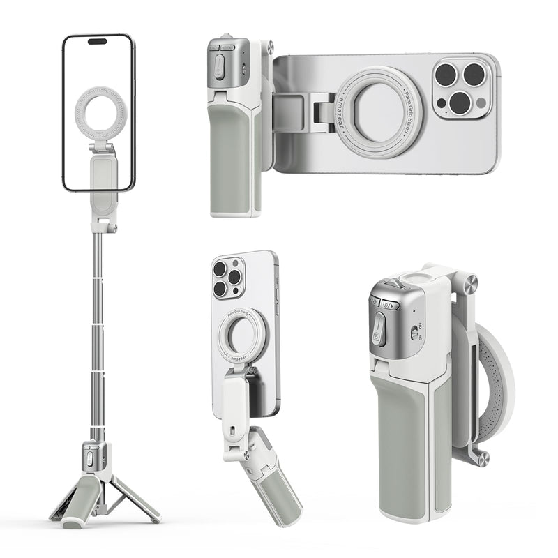 AMAZEAR Phone Camera Grip with Selfie Stick Tripod, Cellphone Accessories with Detachable Wireless Shutter Button for iPhone 16 17 Pro Max, Comfort Ergonomic Smartphone Handle Holder, White Standard Grip
