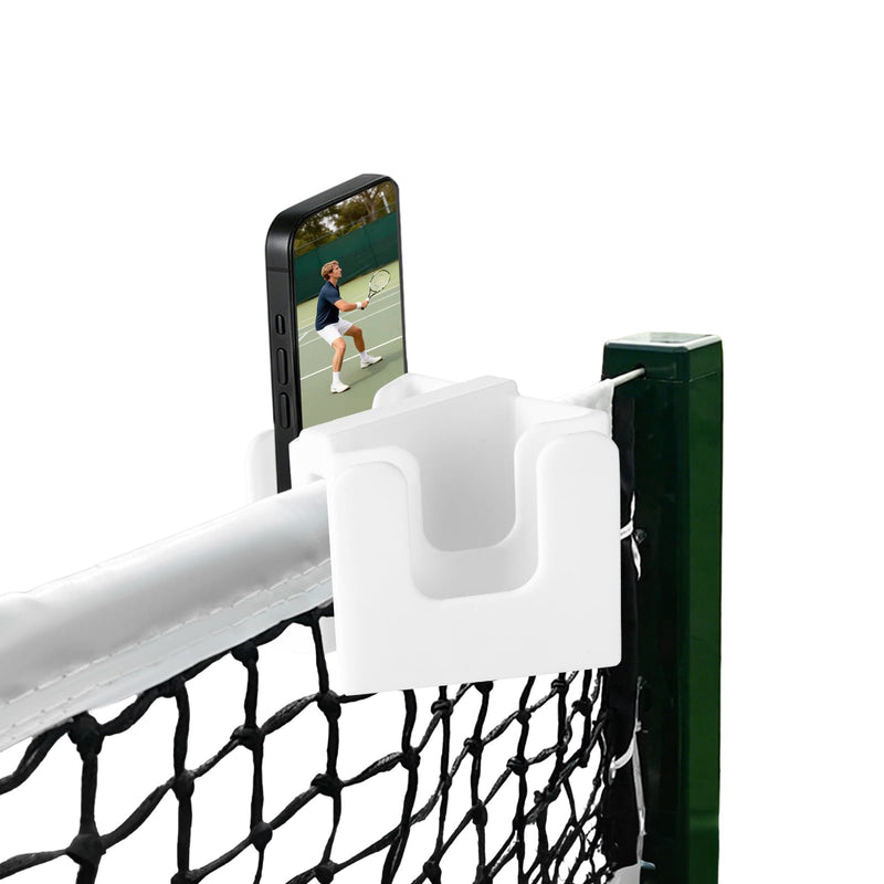 Tennis Net Phone Holder, 3D Printed Dual-View Camera Mount (White) | 30° Golden Angle | Dual Holders Simul Rec | Charging Port Cutout | Landscape & Portrait Switch | Dual Triangle Storage Slots