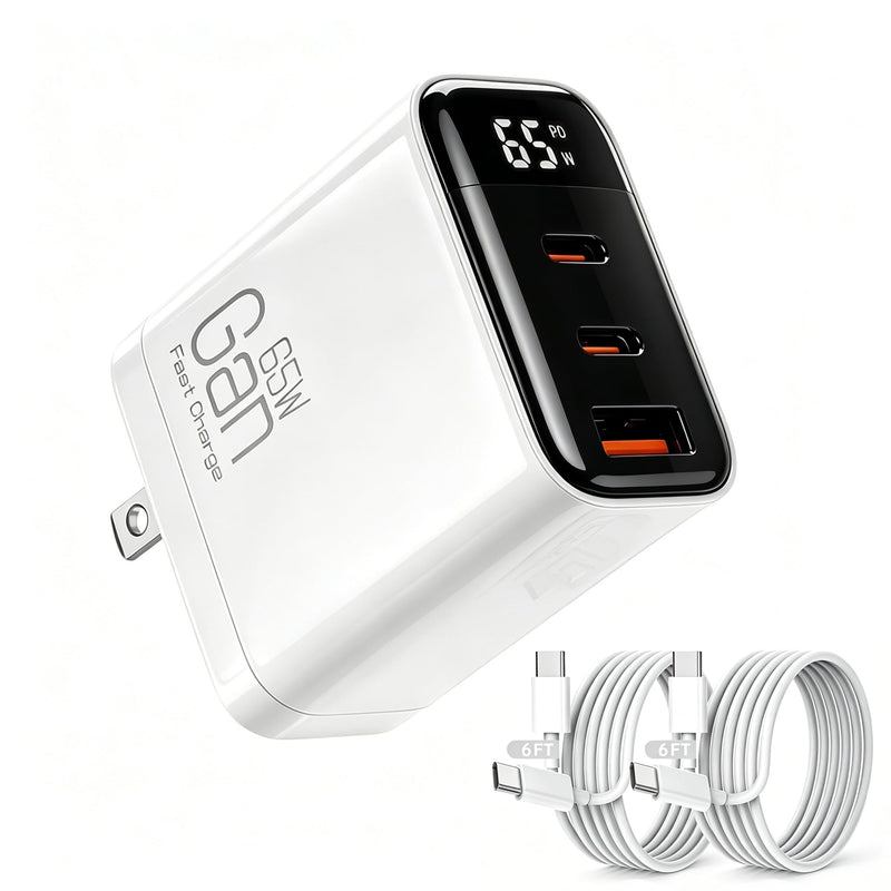 65W 3-Port USB C Wall Charger Block with 2Pack Extra Long 6FT USB C Cable | Ultra-Compact GaN Foldable Fast Wall Adapter with Digital Display for MacBook Pro/Neo/Air, iPhone 17 Series, and More