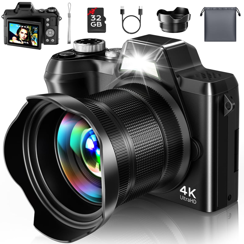 4K Digital Camera for Photography Travel, 56MP Autofocus Vlogging Camera for YouTube, 16X Zoom with 3" 180°Flip Screen & Lens Hood, 32GB Card, Gift Ideas for Teens & Beginners Black