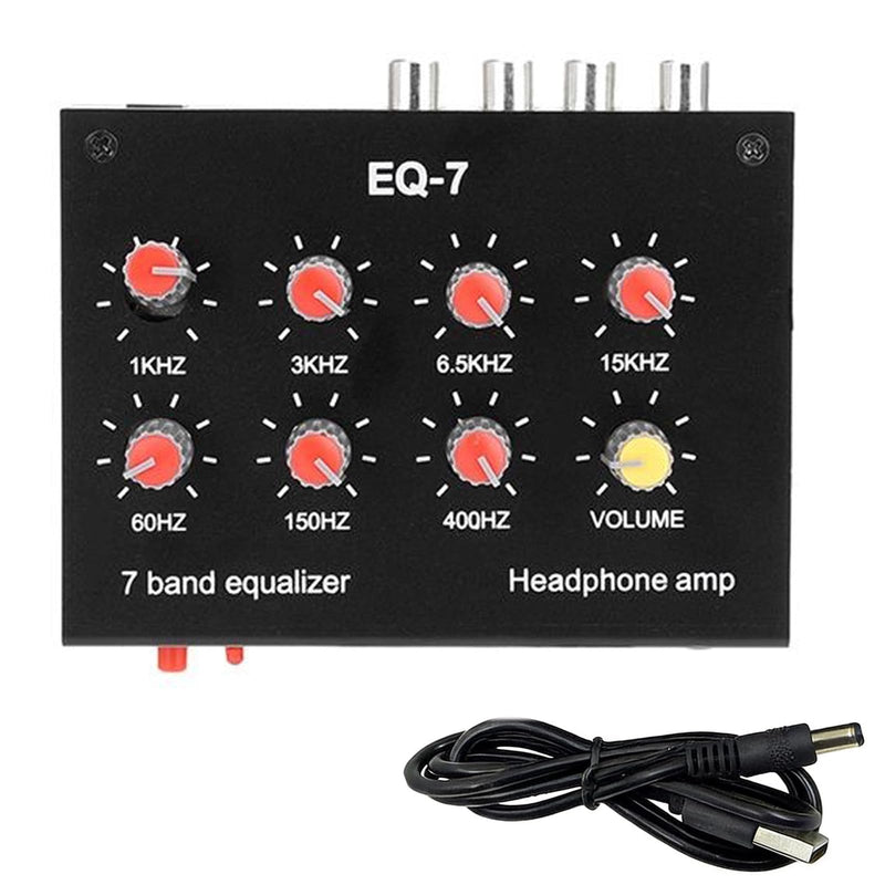 EQ-7 Mini 7 Band Equalizer and Headphone Amp, RCA 3.5mm Input | TL074 and NE5532 chips, level knobs, 16 to 600 ohm drive, for home audio, speaker, and gaming setups.