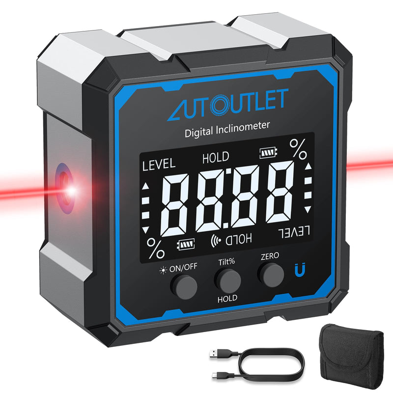 AUTOUTLET Digital Angle Finder with Dual Laser Lines, Rechargeable Type-C Magnetic Angle Gauge, 4x90° Range ±0.1° Accuracy, Backlit LCD Display, Auto Flip Reading, for Woodworking, Construction & DIY