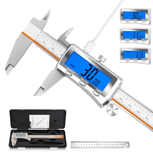 Digital Caliper, Rechargeable Digital Calipers with Backlight LCD & Auto-Off, Stainless Steel Measuring Tool, Inch/MM/Fraction Conversion for 3D Printing DIY Woodworking 6 Inch 6-IN