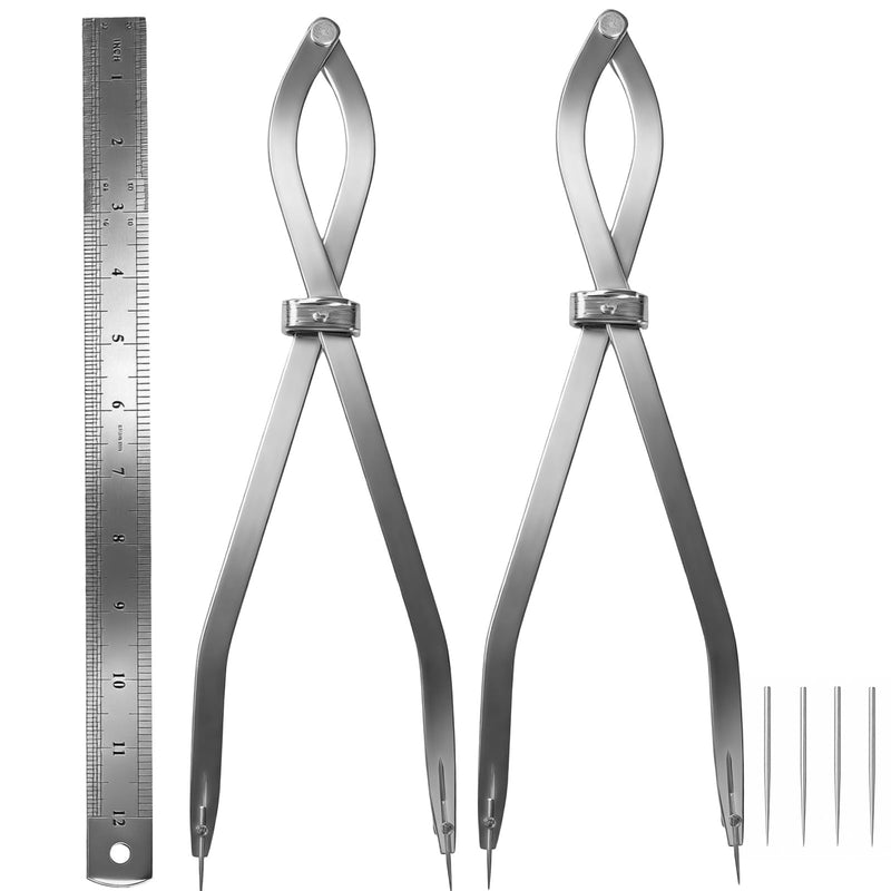 12-Inch Radius Divider for Sheet Metal Layout, 2PCS Circle Scriber Set with 12-Inch Steel Ruler & 4 Replacement Tips, Upgraded Anti-Loose Points for HVAC, Roofing & Metal Fabrication 12 in (2 pcs) 2