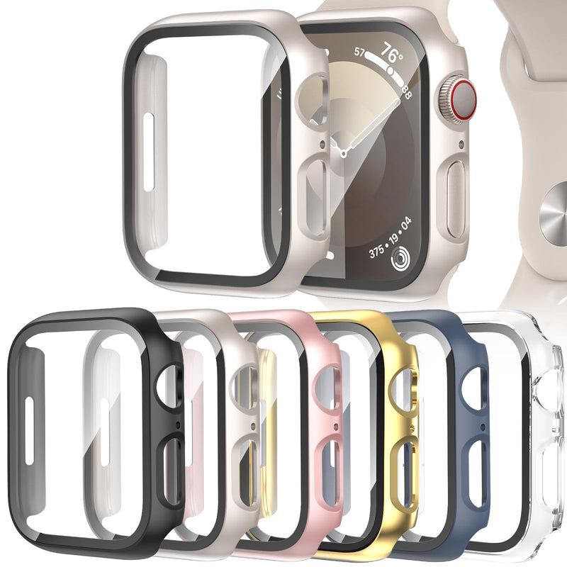 6-Pack Case for Apple Watch Series 9/8/7 45mm with Tempered Glass Screen Protector, DNNBAO Ultra-Thin Full Shockproof Protective Bumper Cover for iWatch 45 mm Black/Transparent/Starlight/Gold/Blue/Rose Pink for 45 mm series 9/8/7