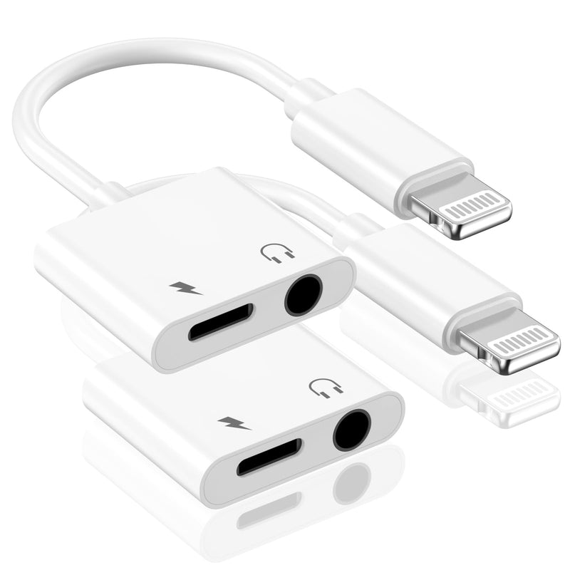 [Apple MFi Certified] 2-in-1 Apple Lighting to 3.5mm Headphone Jack Adapter | 2 Pack iPhone 3.5mm Headphone Aux Audio + Charger Cable Splitter Dongle Adapter Compatible for iPhone 14 13 12 11 XS XR X 8 7 L