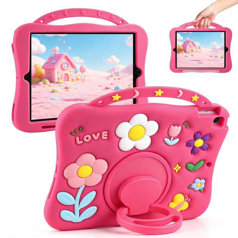 SAMONPOW for iPad 9th/8th/7th Generation Kids Case 10.2 Inch 2021/2020/2019 | Girly Flower Silicone Cover 9th/8th Gen iPad Case 10.2 Inch for Girls with 360°Rotating Stand Handle Pencil Holder, Hot Pink for iPad 9th/ 8th/ 7th Gen Case