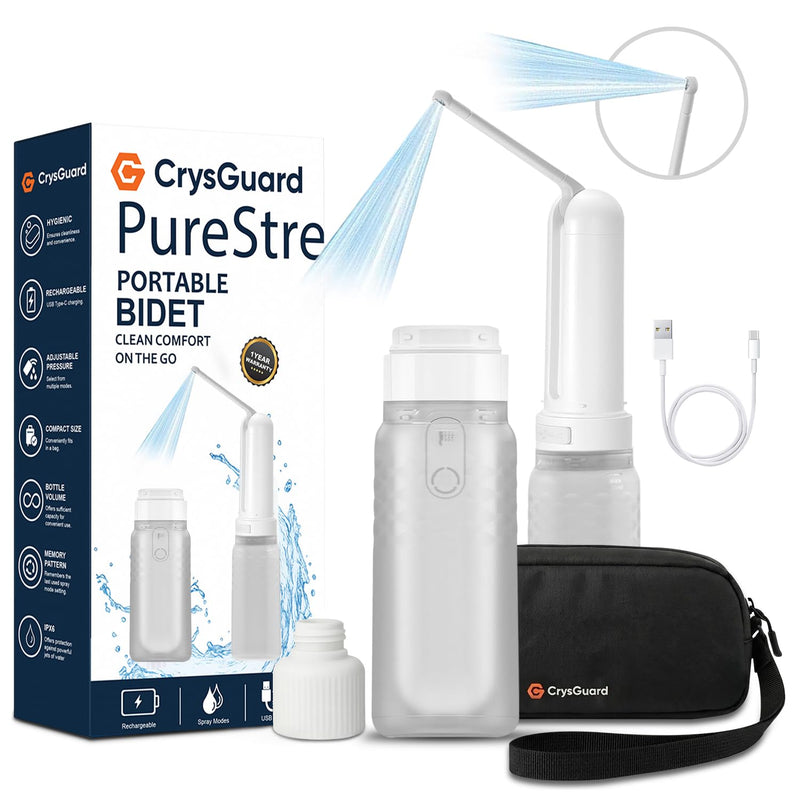 ( 320ml ) PureStream Portable Bidet – Large Capacity, USB-C Rechargeable Handheld Sprayer for Travel, Bottle Adapter, 180° Foldable Nozzle, Adjustable Pressure Modes, Waterproof, for Men and Women White