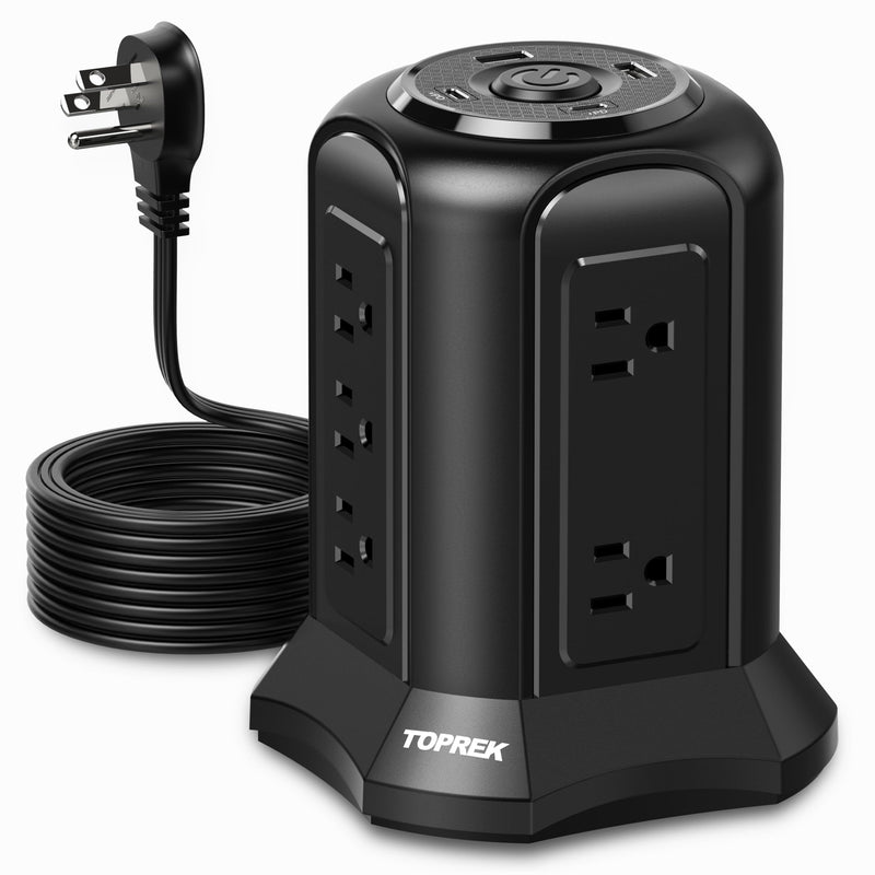 Tower Power Strip Surge Protector 2100J – 10 Outlets, 2 USB-C (20W PD), 2 USB-A, 6.5FT Flat Plug Extension Cord for Home Office, Dorm, Desktop Black