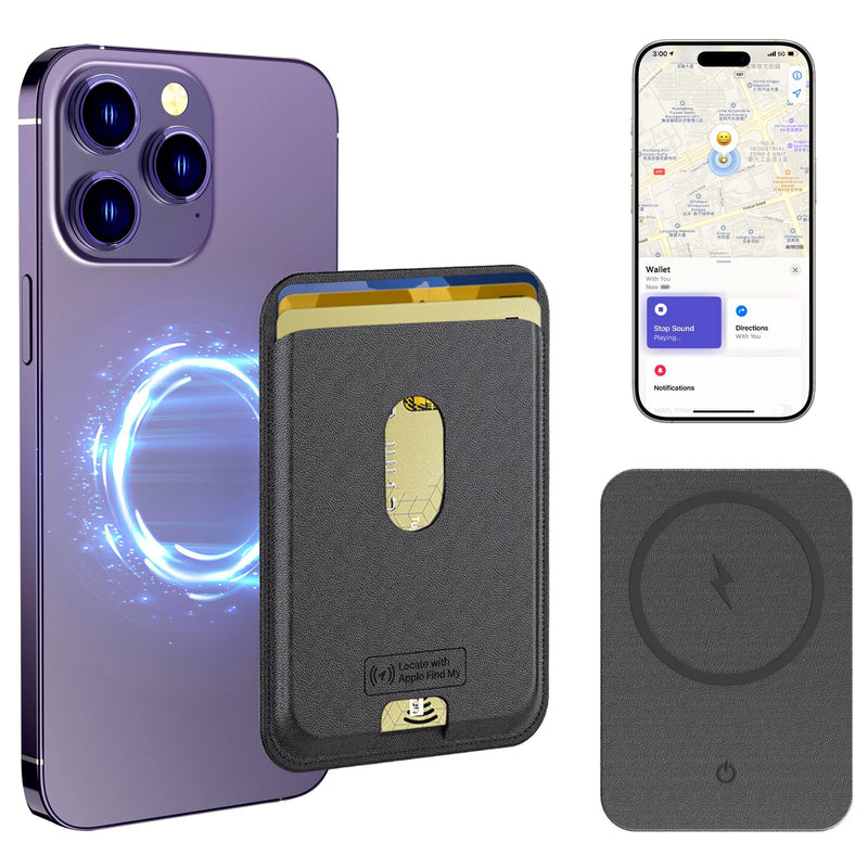 IKT for Magsafe Wallet, Work with Apple Find My Tracking, Strongest Magnetic Leather Card Holder Wallet for iPhone 17/16/15/14/13/12 Pro Max Air Plus, Wireless Charging, 3-Cards RFID Holder, Black Elegant Black