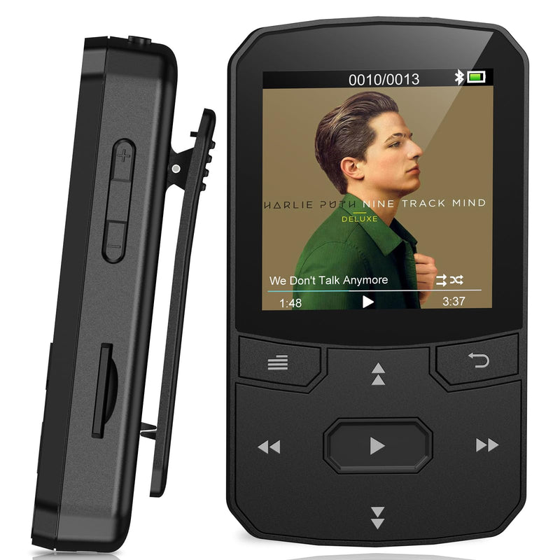 RUIZU 64GB Clip MP3 Player with Bluetooth 5.3 Auto-Reconnect, Weighs 1 oz | Portable Music Player for Sports Running, Physical Button, FM Radio, Voice Recorder, 1.5" Screen, Support 128GB microSD Card Black