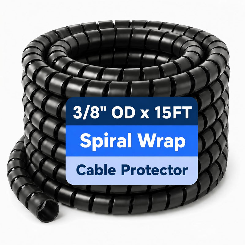 Spiral Wrap Hose Protector 3/8" OD x 15 FT, Heavy Duty Hydraulic Hose Wrap, Flexible HDPE Cable Protector Sleeve for Hydraulic Hoses, Wire Harnesses & Automotive Cables Black 3/8"-15ft