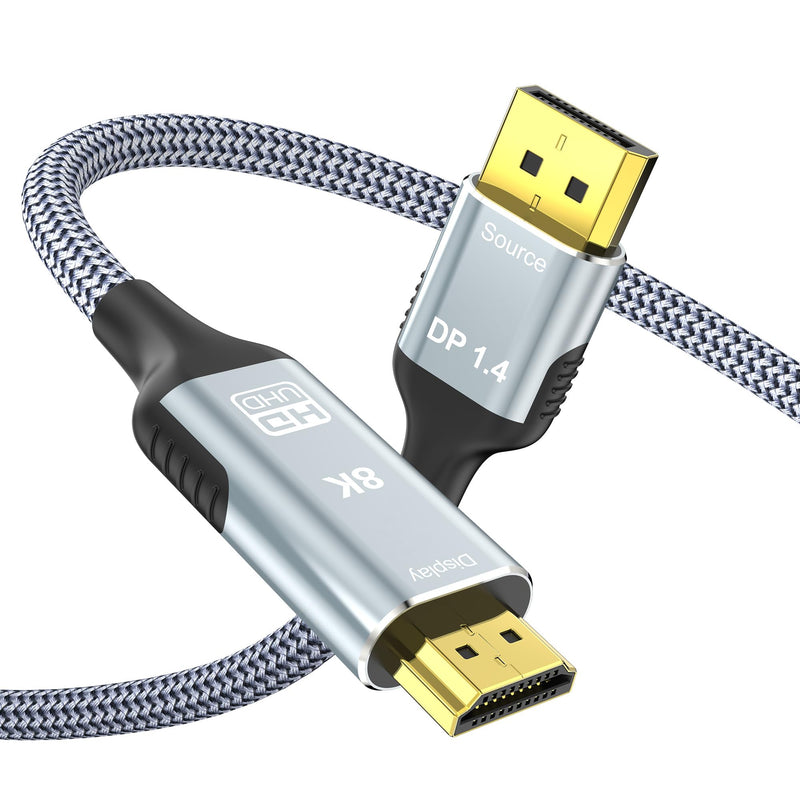 8K DisplayPort to HDMI 2.1 Cable 6FT, 8K@60Hz, 4K@240Hz, Unidirectional Display Port 1.4 Source to HDMI 2.1 Display, DP to HDMI Braided Cord for Dell, NVIDIA, AMD, Monitor, Projector