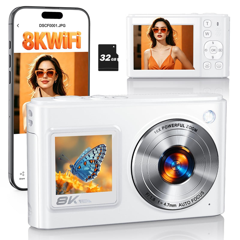 8K Digital Camera for Photography 96MP WiFi Dual Screen Camera for Kids | Vlogging Camera with 16X Zoom, Compact Point and Shoot Travel Camera for Teens Beginners with SD Card, 2 Batteries White