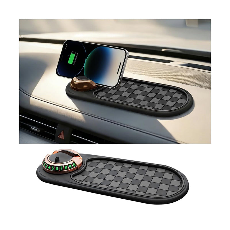 Car Anti-Slip Pad, 3 in 1 Vehicle Dashboard Mat with Temporary Parking Number & Rotatable Phone Holder, Multifunctional Anti Skid Automotive Dash Pad, Universal for SUV RV Truck (Gray/Gold) Gray/Gold
