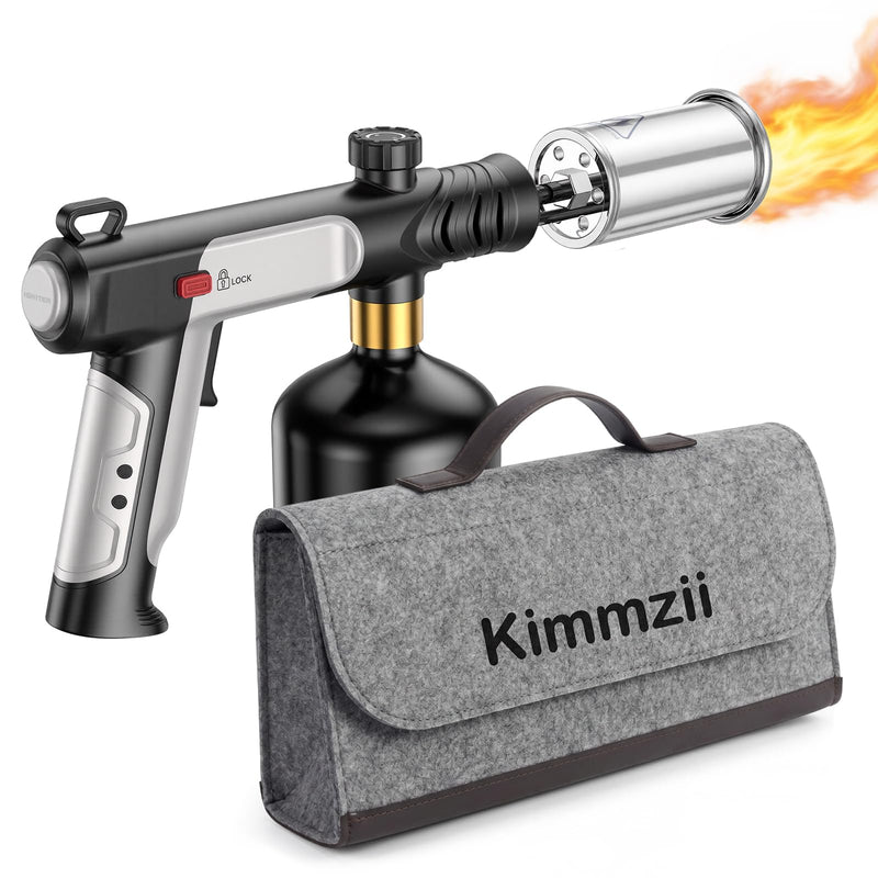 Propane Torch with Felt Storage Pouch, One-Tap Max Flame, Safety Lock, Adjustable Precision Flame, Kitchen Blow Torch Gun for Sous Vide, Searing Steak, BBQ Grill, Camping (Tank Not Included) Silver