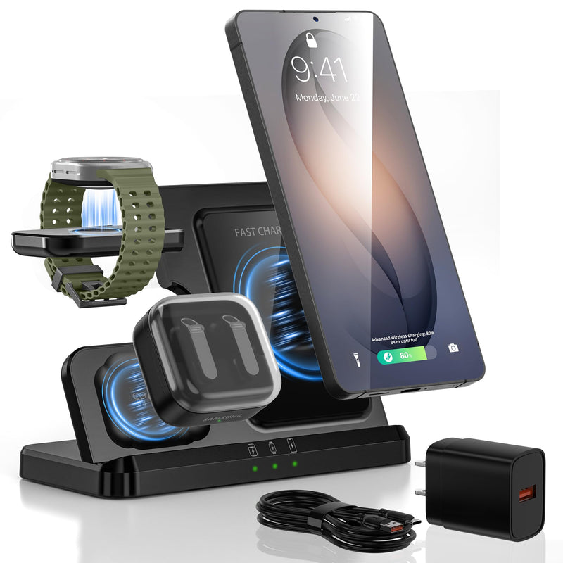 Wireless Charger for Samsung Charging Station, 3-in-1 Fast Charging Station for Samsung S26-S10/Note/Z Fold Flip8, Simultaneously Charges Galaxy Watch 8-1 & Buds – Not for Watch 9/Ultra2