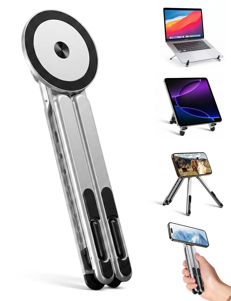 4-in-1 Foldable Laptop Stand & Magnetic Phone Holder, Silver Aerospace Aluminum Portable Desk Mount with N52 MagSafe Compatible Tripod Handle for MacBook Pro, iPad, Travel & Vlogging
