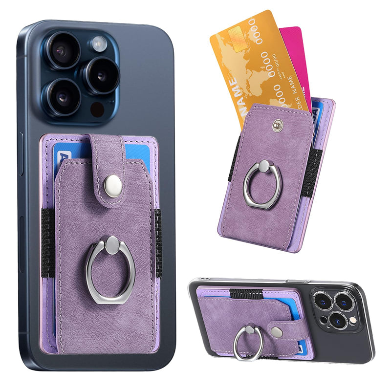 Cell Phone Card Holder with Ring Grip,Adhesive Phone Card Wallet,Purple | Holds up to 3 cards;360° ring works as grip and kickstand,Can be used on most phones or phone cases larger than 5.8 inches. Purple