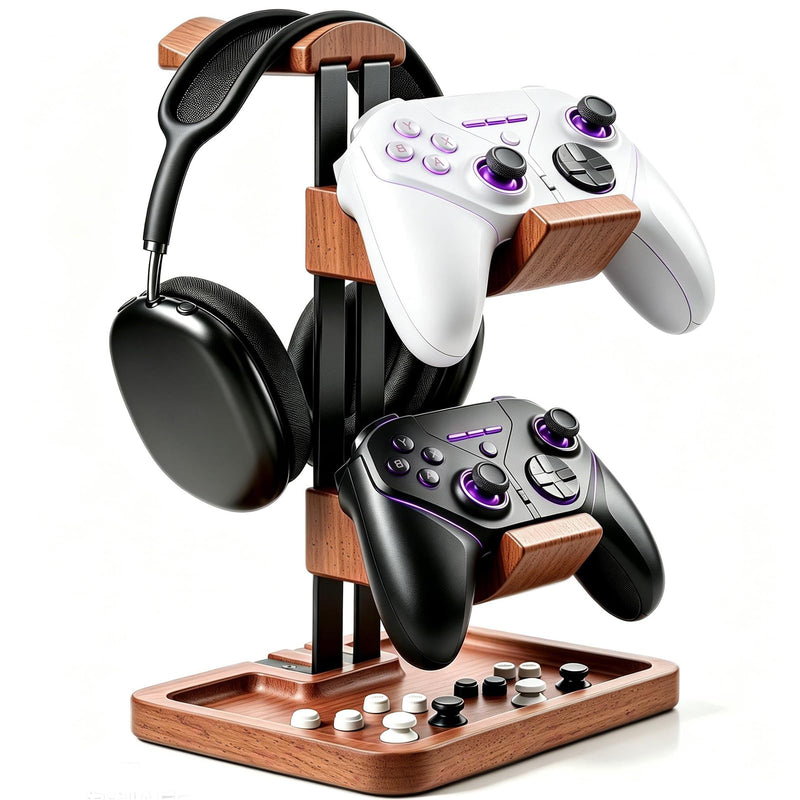 LOXP Walnut Headphone and Controller Stand, 2-in-1 Holder with Storage | Solid Wood Gaming Headphone Stand, Built-in Storage, Non-Slip, Fits Xbox PS5 Switch Controllers, Desktop Organizer for Gamers