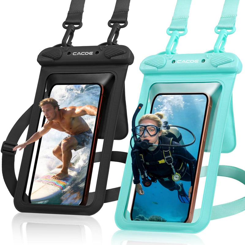 CACOE Waterproof Phone Pouch 2 Pack Up to 8.8", Double Bag, Black+Green | IPX8 Waterproof Phone Case,Adjustable Lanyard,Dry Bags for Beach/Cruise/Travel/Camping/Kayak/Hiking/Lake/Vacation Essentials