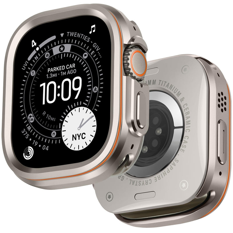 Metal Rugged Case Compatible with Apple Watch Ultra 3/2/1 49mm, Metal Protective Bumper Cover Case + Back Cover for iWatch Ultra 49mm, Titanium/Orange Apple Watch Ultra 3 2 1 49mm